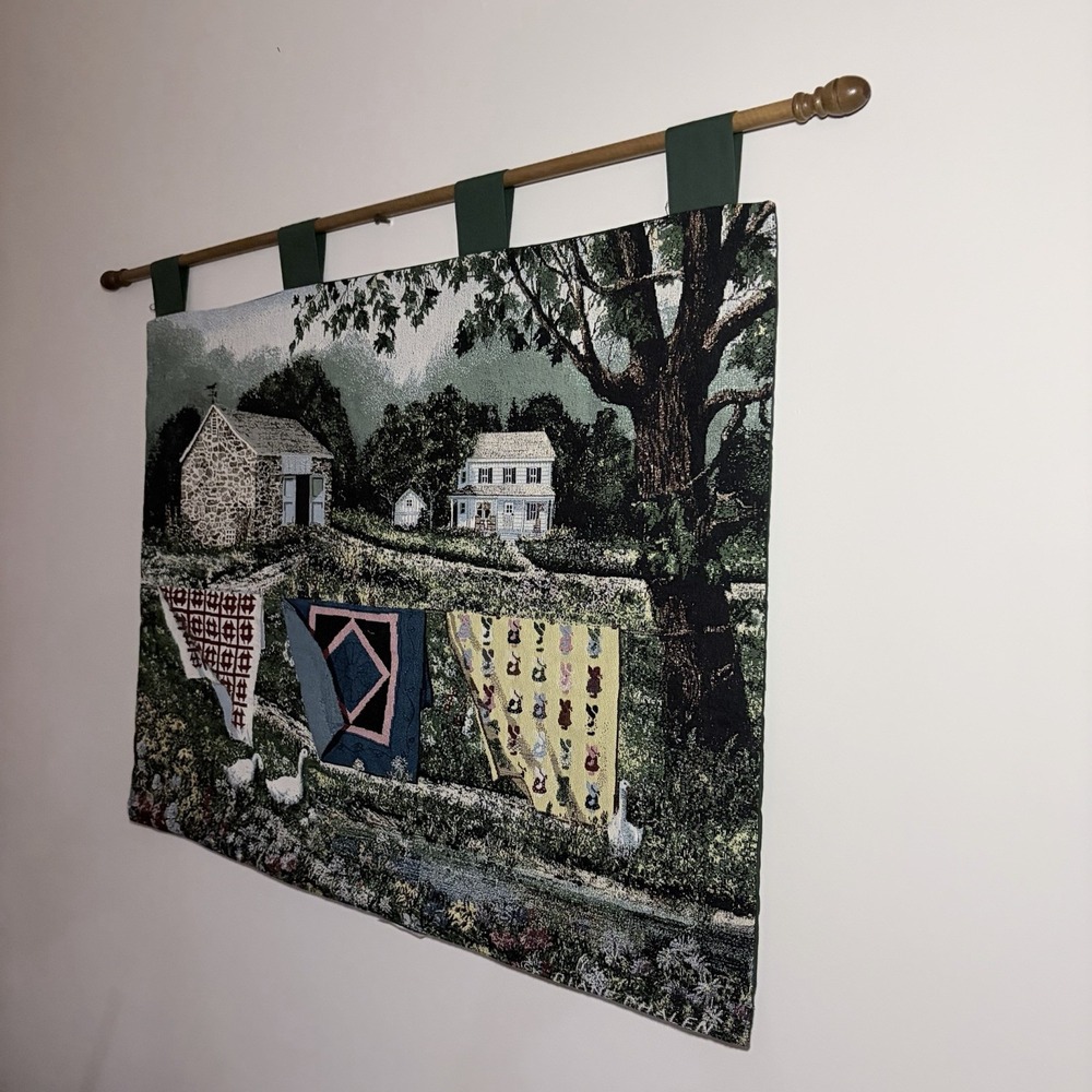 Vtg Tapestry Wall Hanging French Farmhouse Quilt Scene Geese Cottage Core /rod - Picture 2 of 8